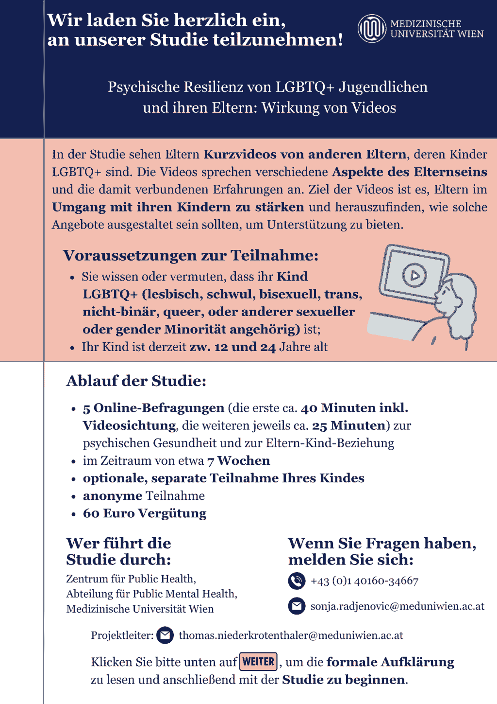 Informationen zur Studie 'Psychische Resilienz von LGBTQ+ Jugendlichen und ihren Eltern: Wirkung von Videos'